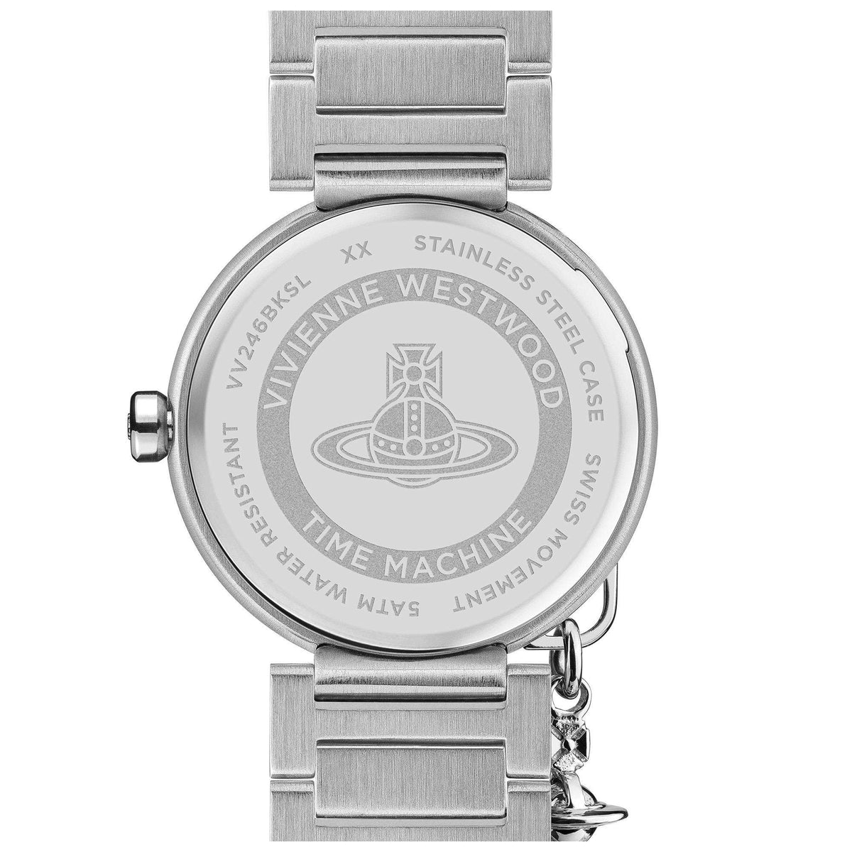 Stainless steel watch case back with engraved branding and text, with hanging chain