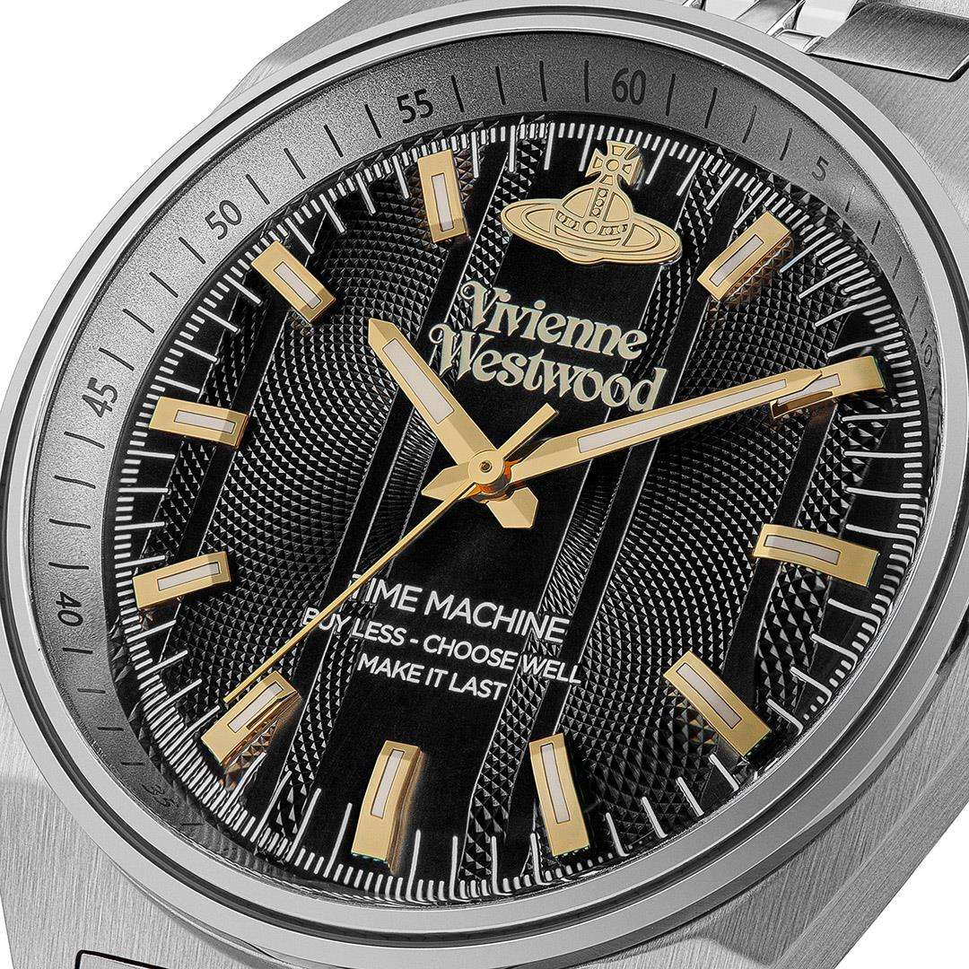 Men's stainless steel watch with black textured dial, gold baton markers and minute track