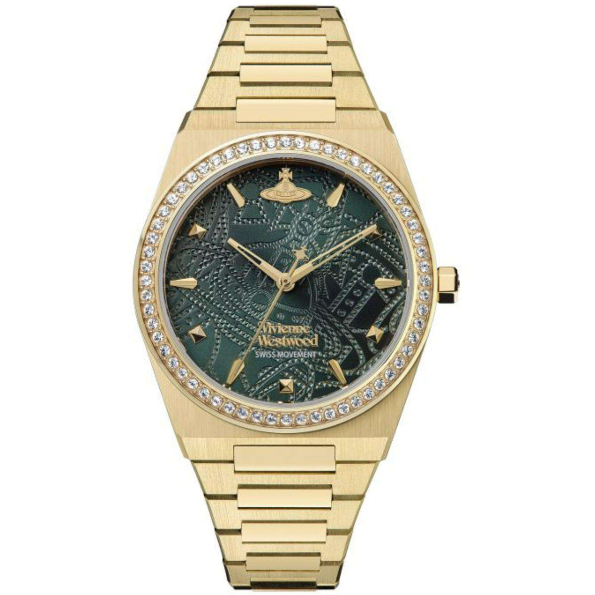 Vivienne Westwood Charterhouse ladies bracelet watch, gold-tone case, crystal bezel, dark green dial