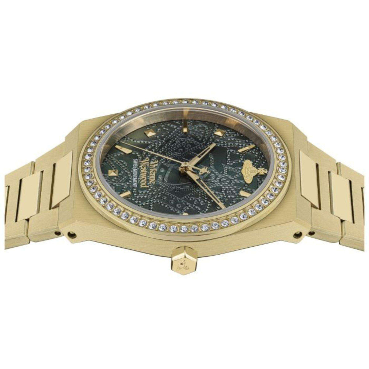 Vivienne Westwood Charterhouse ladies watch, dark green dial, gold-tone link bracelet, crystal bezel