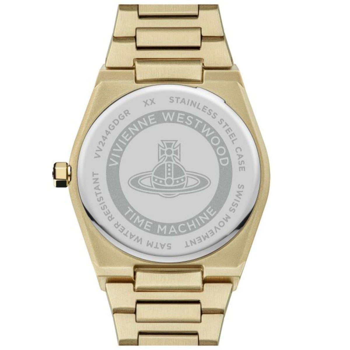 Vivienne Westwood Charterhouse watch back, engraved stainless steel plate on gold-tone link bracelet