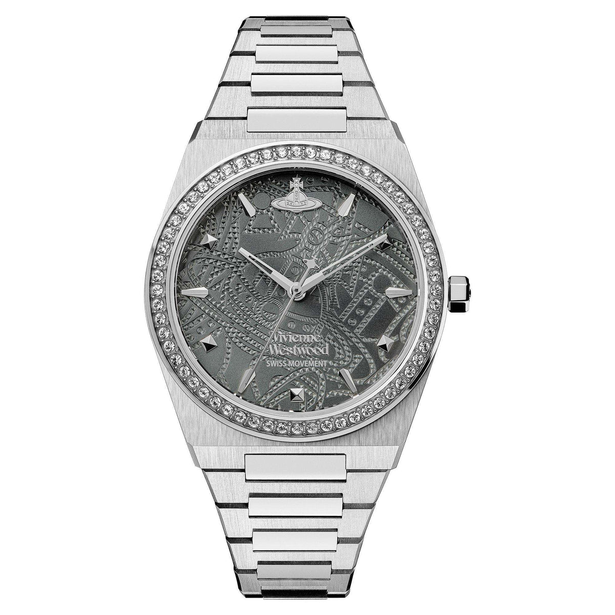Stainless steel ladies watch with grey patterned dial, crystal bezel, link bracelet.