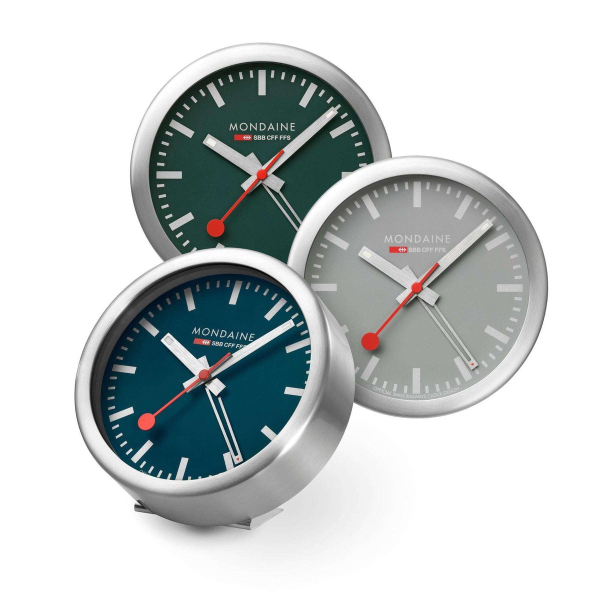 Set of Mondaine quartz alarm clocks with brushed aluminum cases and red hands