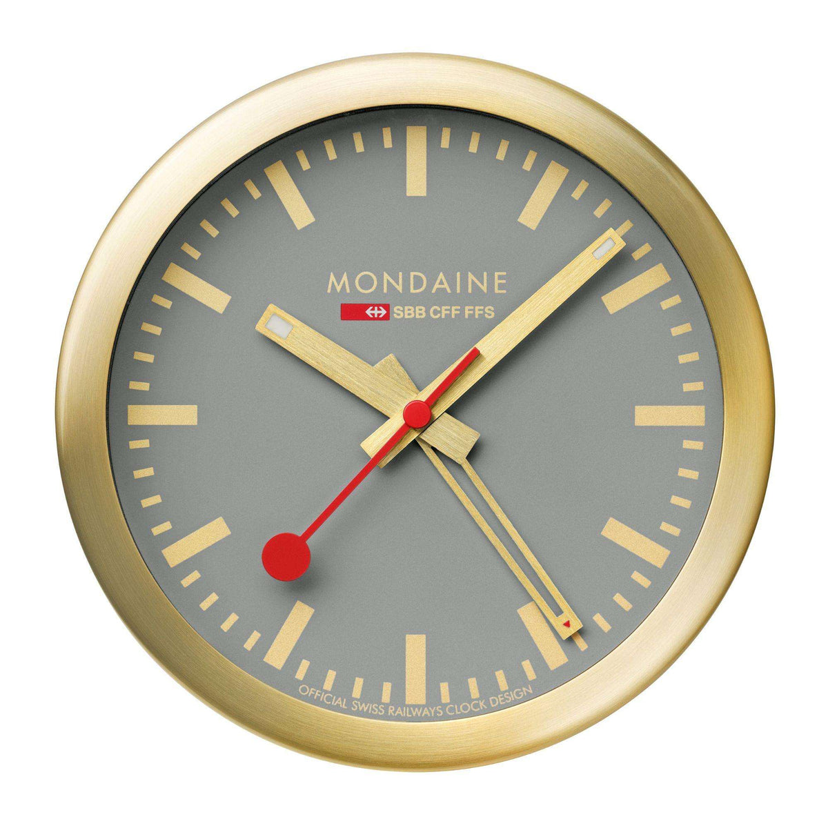 Mondaine alarm clock front view with grey dial, gold case, red hands and markers