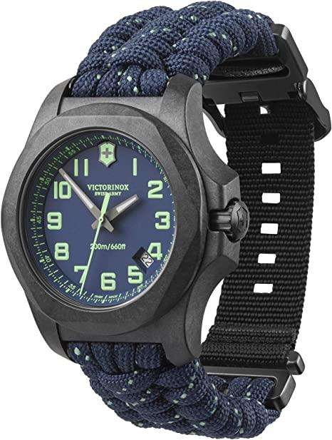 Men's quartz watch with blue patterned dial on blue paracord strap, side view