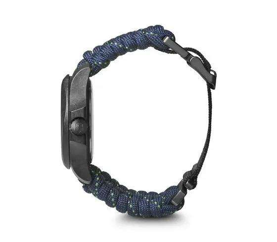 Quartz wristwatch with blue paracord bracelet and black deployment-style clasp