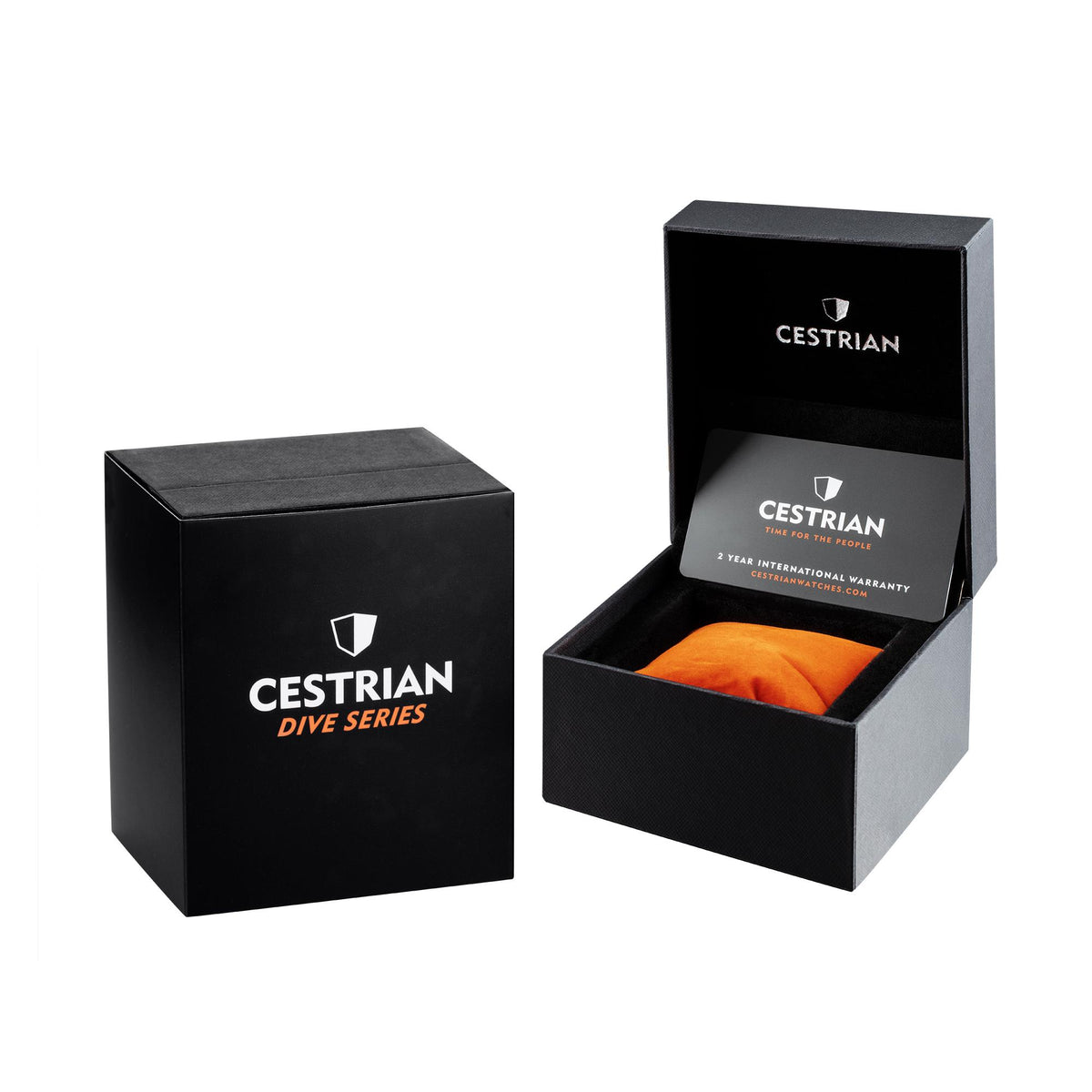 Cestrian Dive Series watch gift box with orange accessory in open packaging
