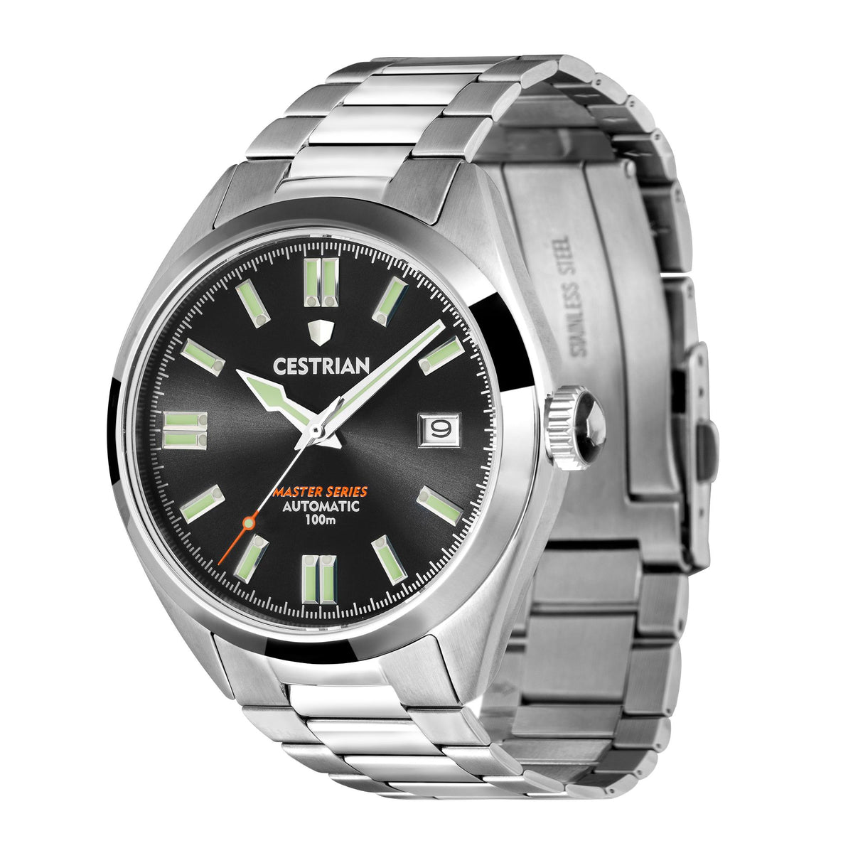Steel bracelet automatic watch angled view with black dial and crown at 3 o'clock