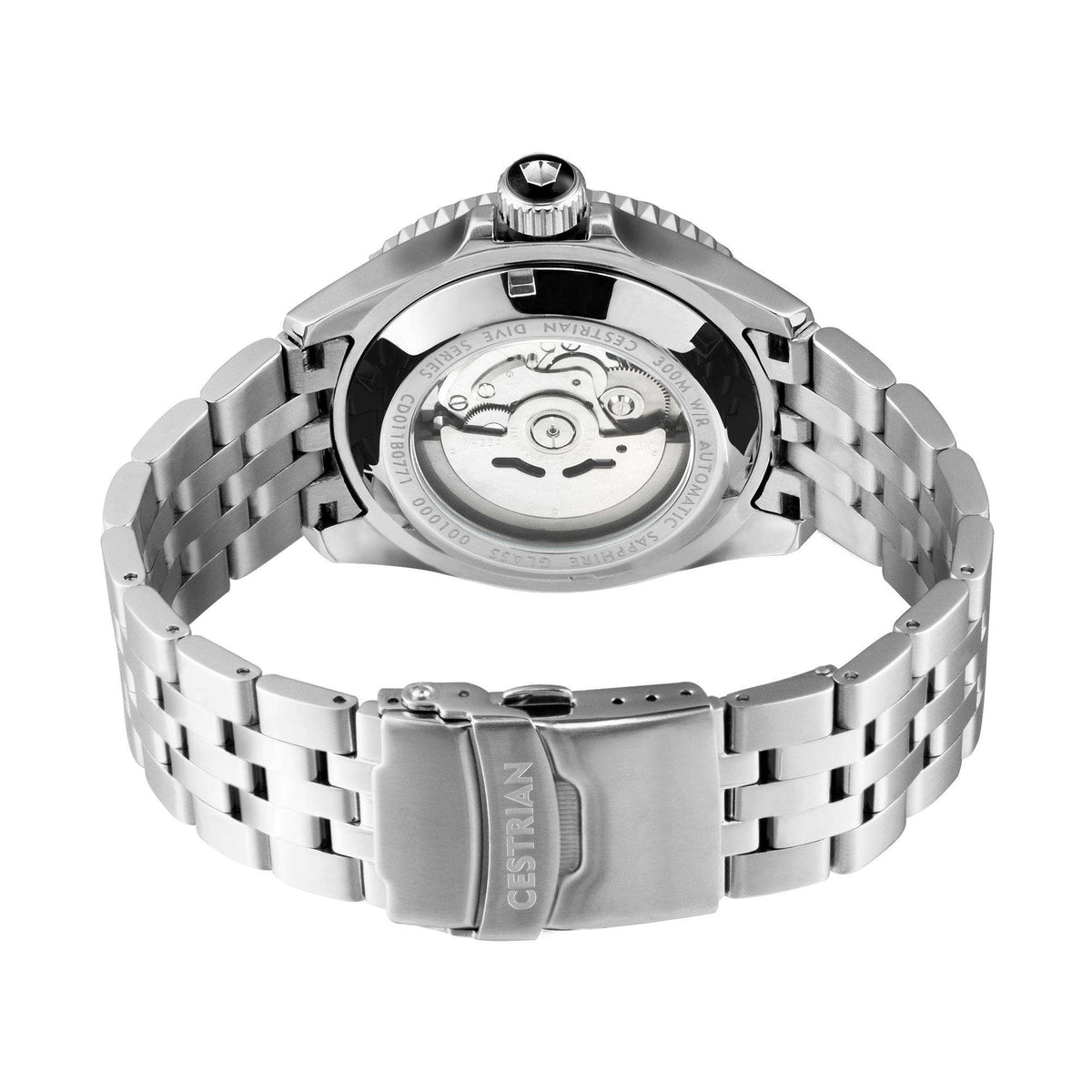 Men's steel dive watch caseback with bracelet and ridged crown
