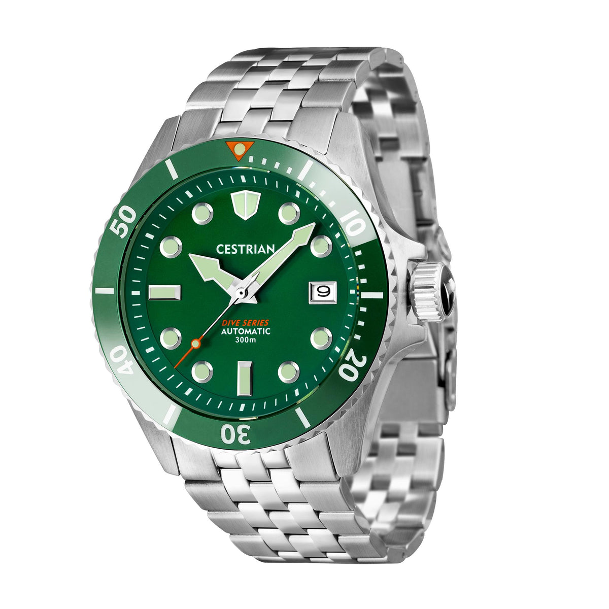 Three-quarter view green dial dive automatic watch with steel bracelet and bezel