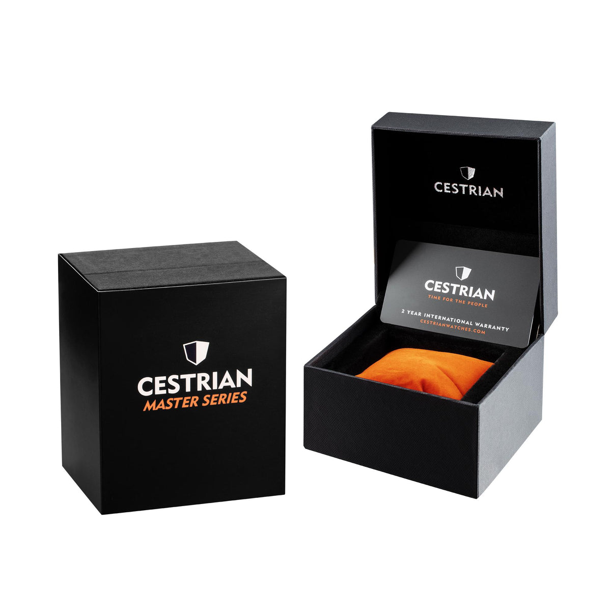 Cestrian watch gift box with orange cushion and brand logo
