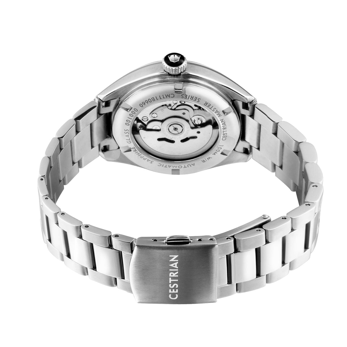 Men's steel bracelet automatic watch caseback view with Cestrian logo and bracelet links