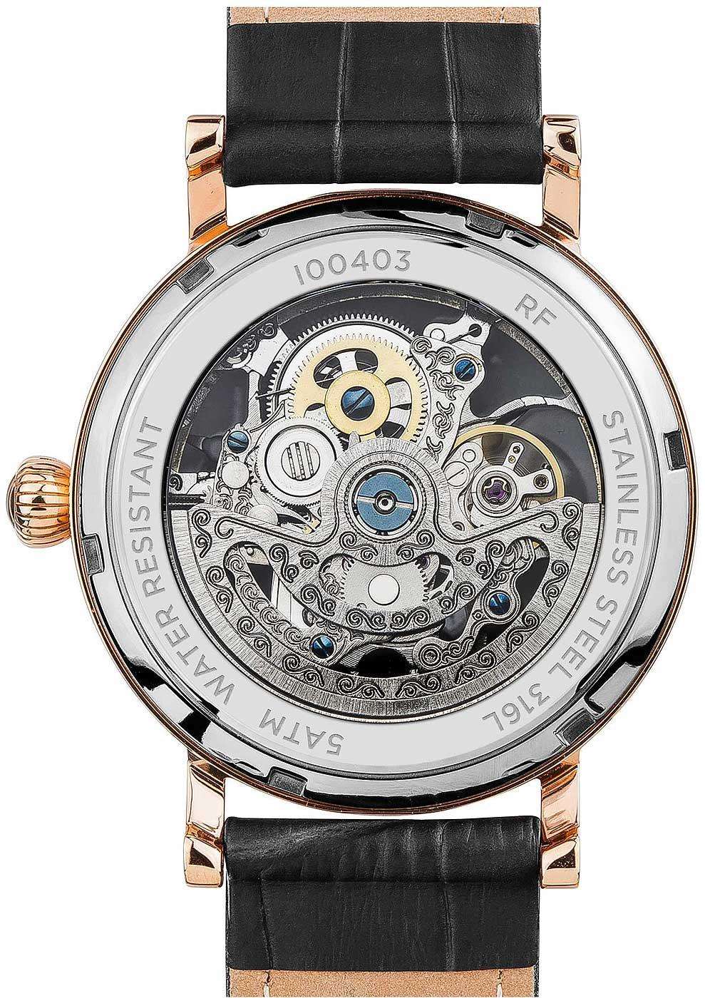 Round caseback of automatic skeleton watch with visible gears, “100403” engraving, and black strap