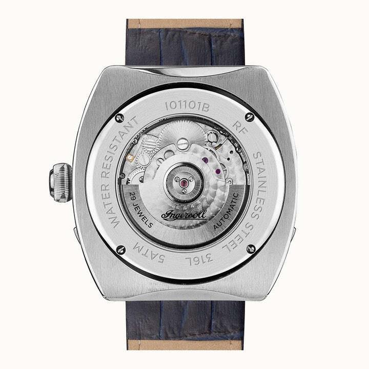 Men's watch caseback in stainless steel with etched markings; blue leather strap