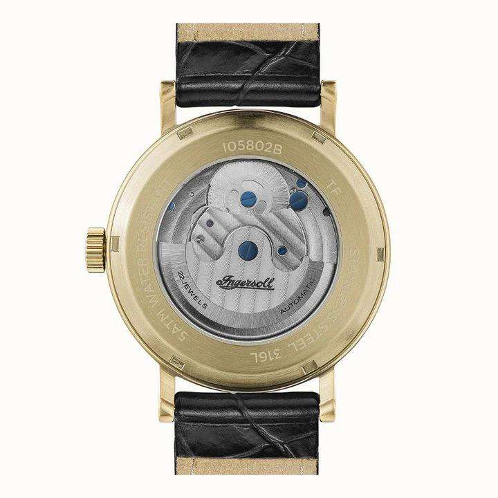 Ingersoll 1892 watch caseback with exposed automatic movement, black leather strap