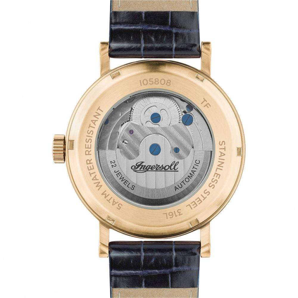 Men's watch with blue leather strap and see-through caseback featuring automatic movement