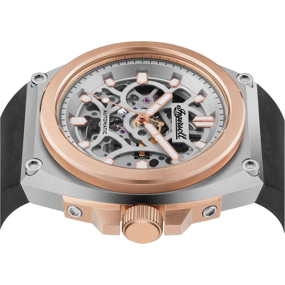 Men's automatic skeleton watch front view, see-through movement, rose-gold bezel