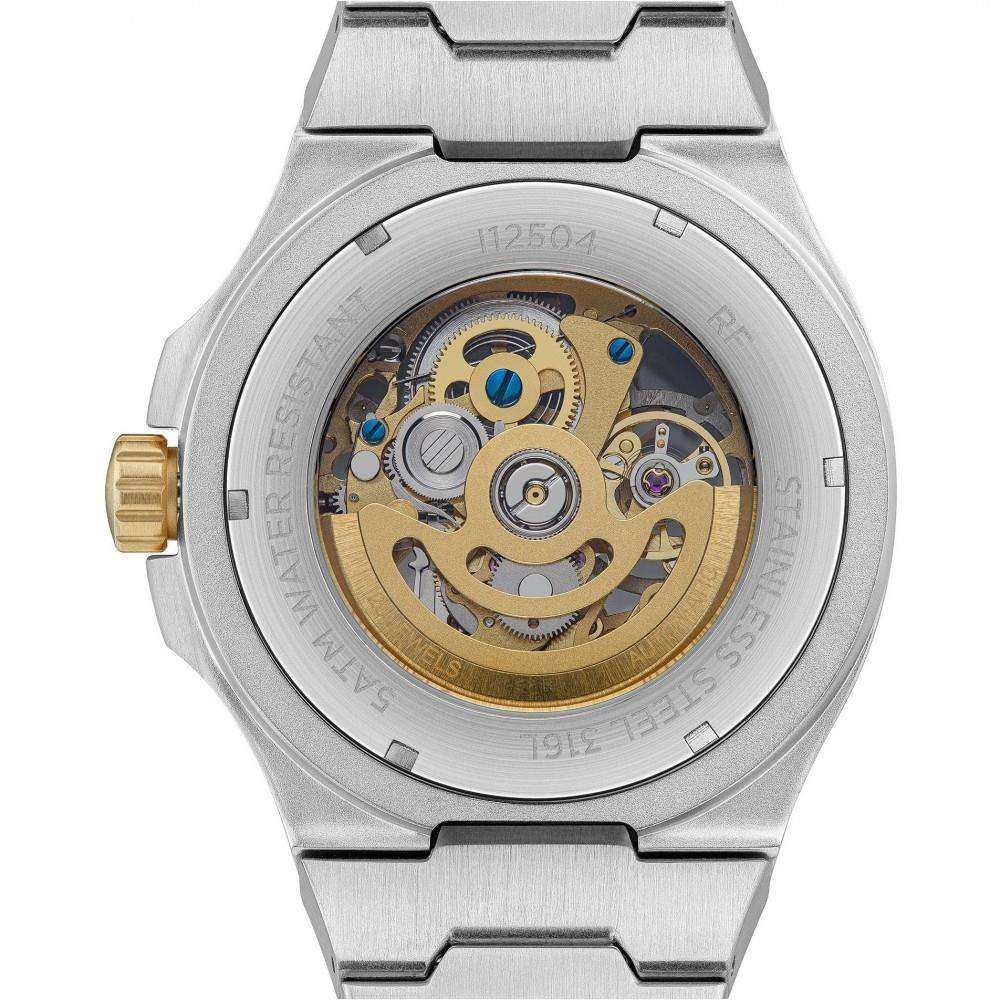 Transparent caseback showing gold-toned automatic movement inside a stainless steel case.