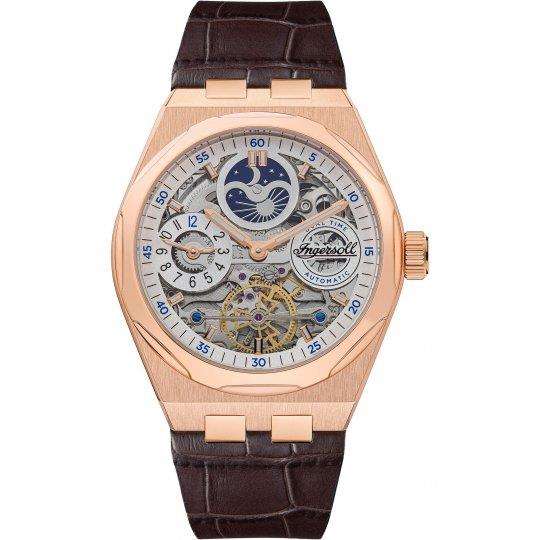 Automatic men's watch with white dial, skeleton movement, rose-gold case, brown leather strap
