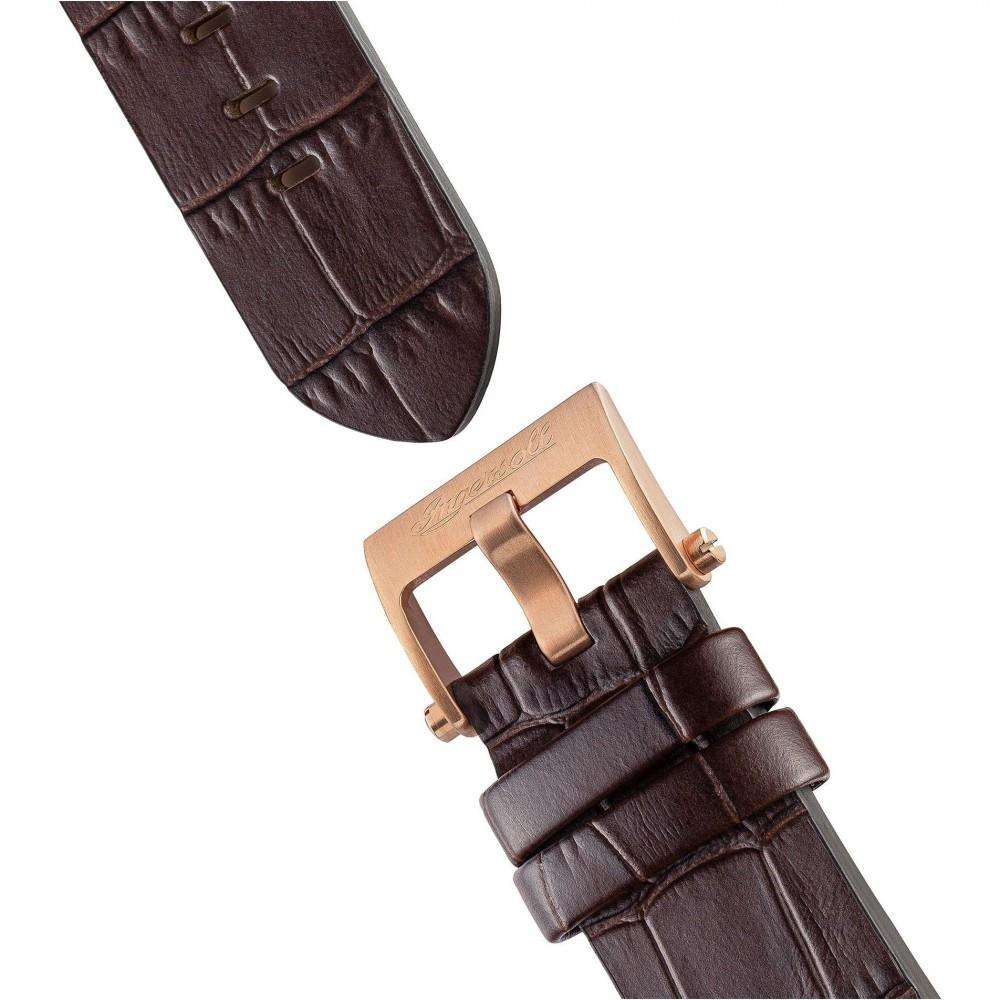 Brown leather watch strap with rose-gold buckle clasp and stitched texture