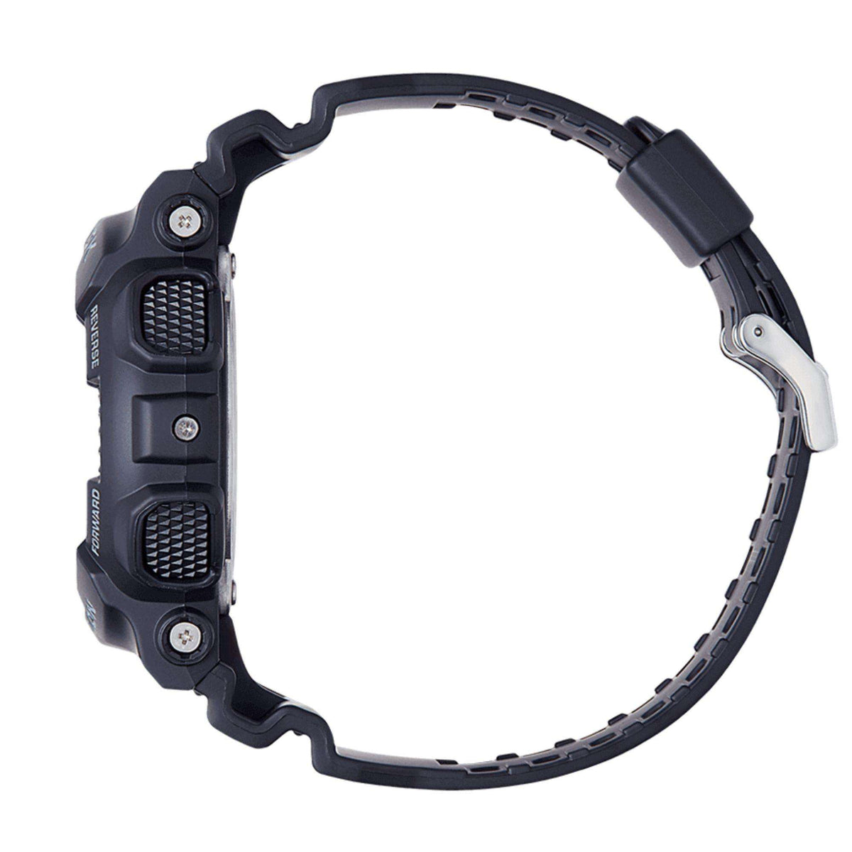 Casio G-Shock watch side profile with black resin strap and silver-tone buckle.