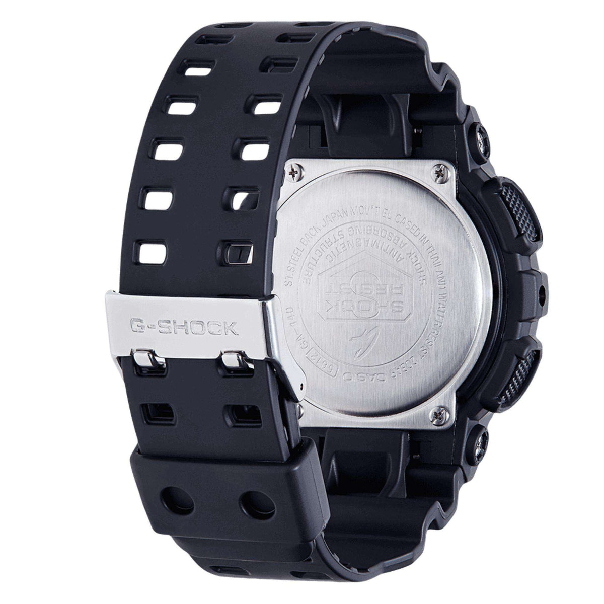 Casio G-Shock watch caseback with silver backplate and black resin strap.