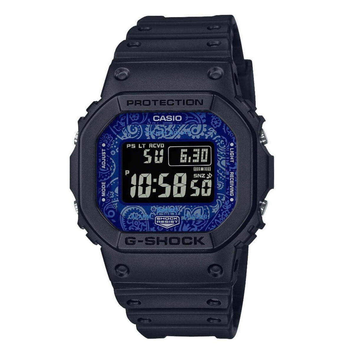 Casio G-Shock radio-controlled watch with blue paisley digital display and dark resin strap
