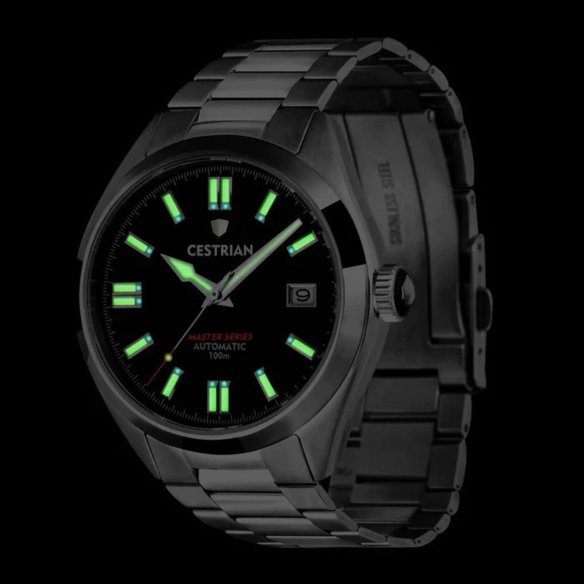 Men’s automatic steel watch with black dial and glowing green luminous hour markers