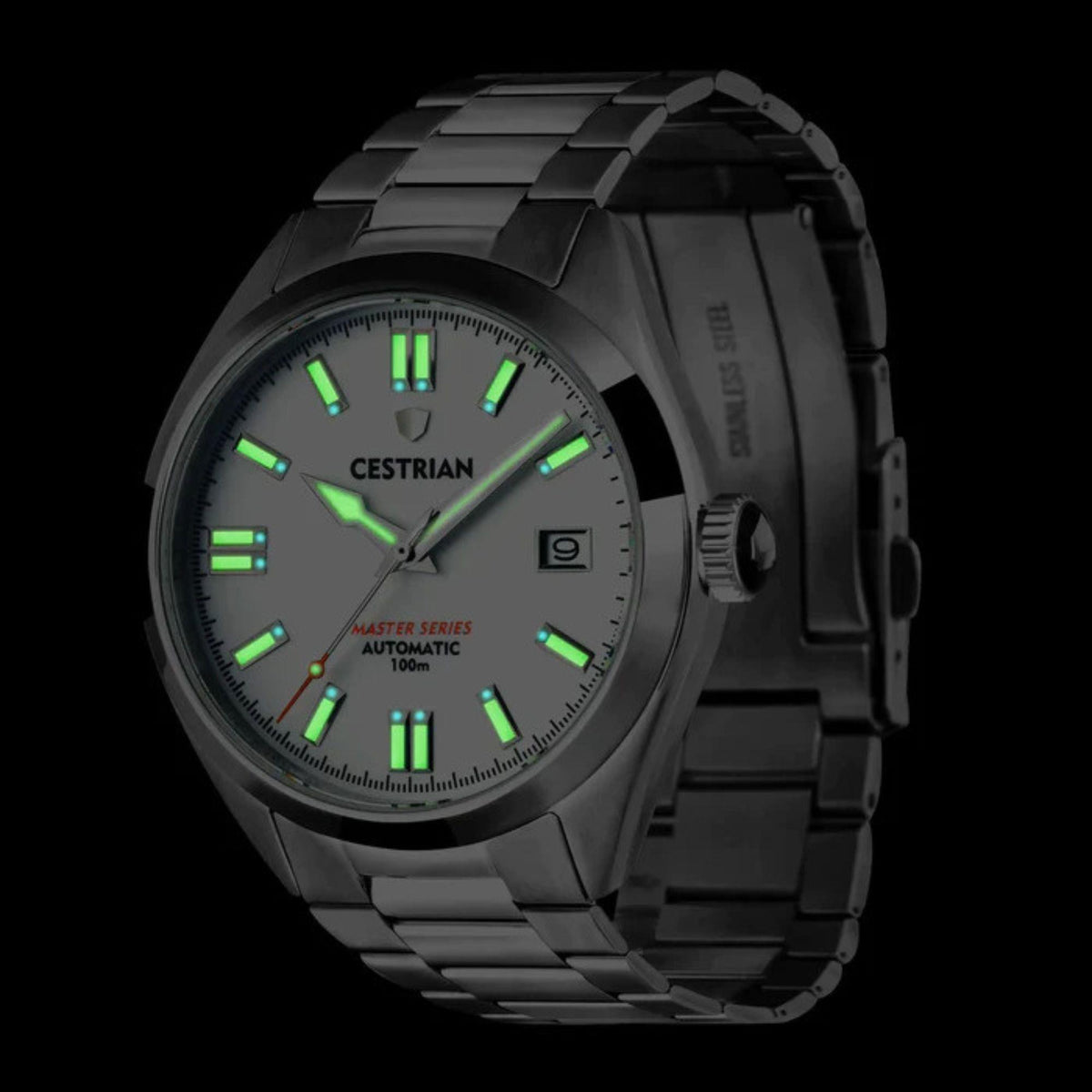 Steel automatic men's watch with dark dial, green luminous markers, and crown