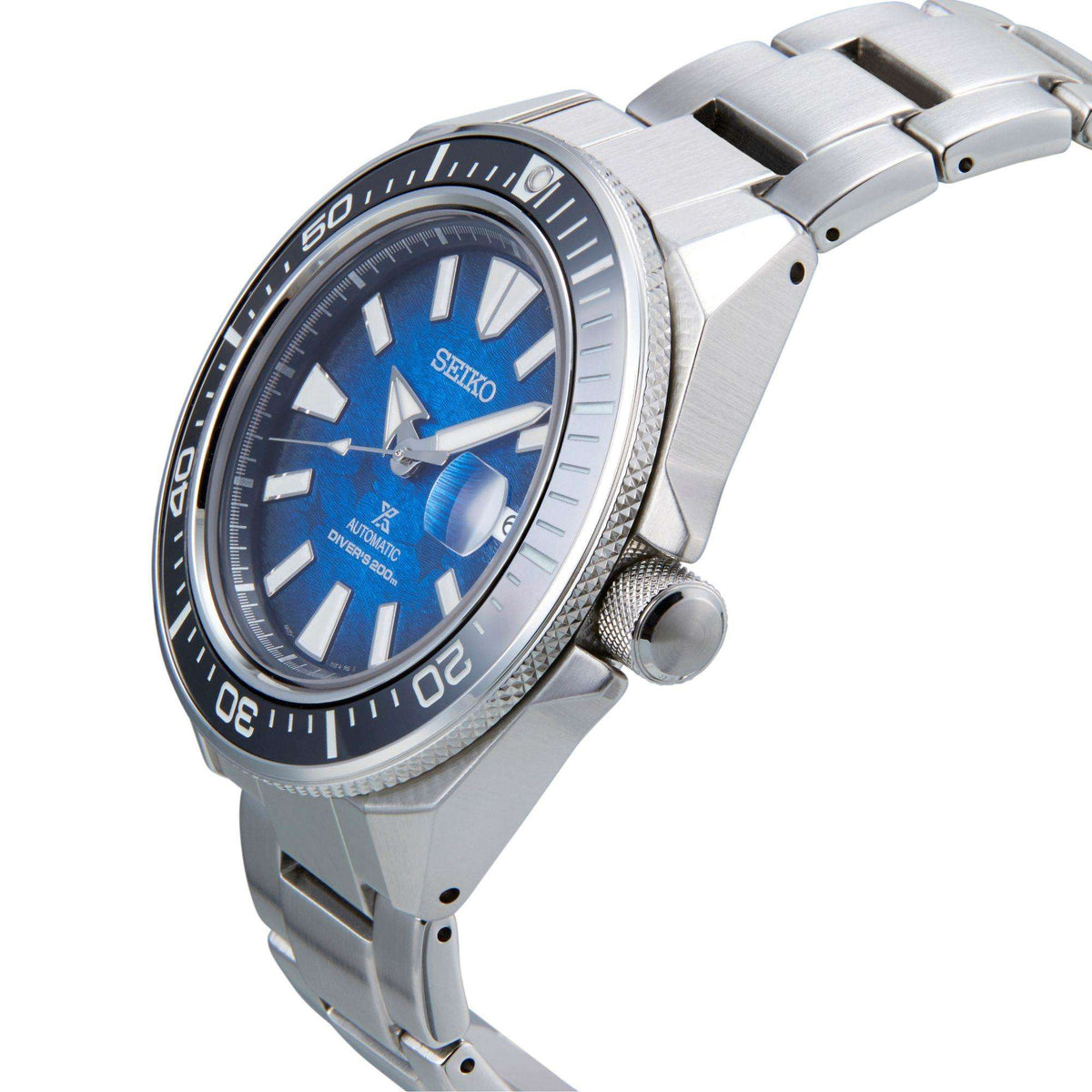 Men's stainless steel automatic diver watch showing blue dial and crown side view