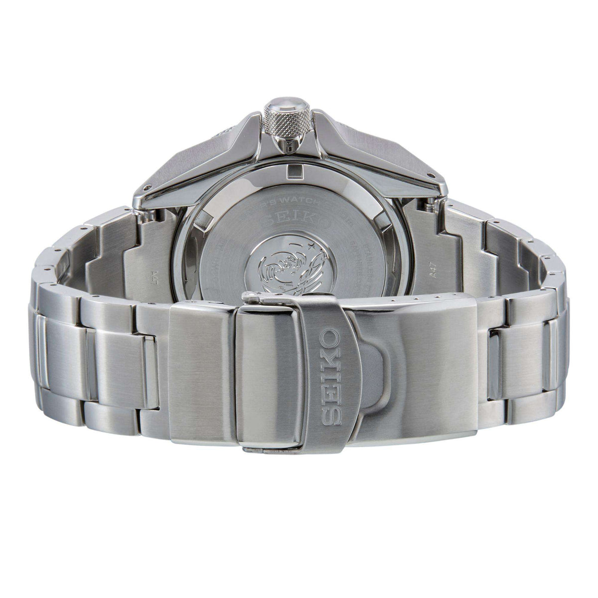 Men's stainless steel diver watch caseback with textured crown and metal bracelet