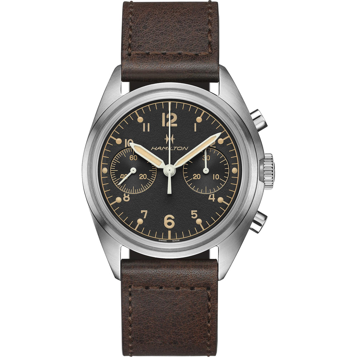 Hamilton Khaki Aviation 43mm Pioneer Mechanical Chronograph black dial leather watch H76409530 front view
