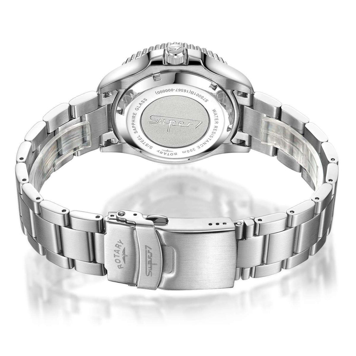 Men's stainless steel dive watch caseback with engraved branding and secure bracelet links
