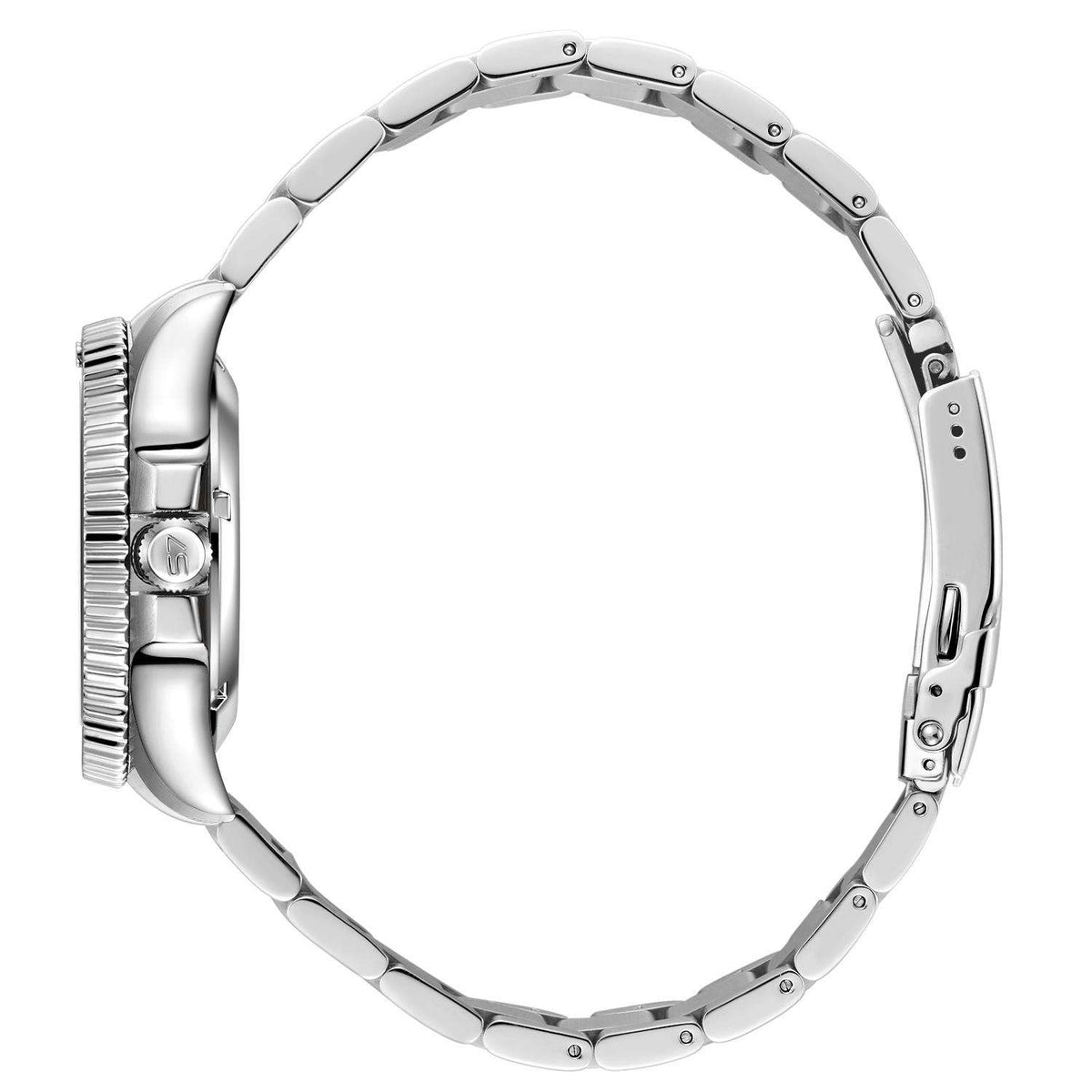 Men's stainless steel dive watch bracelet and side profile with crown and bezel details