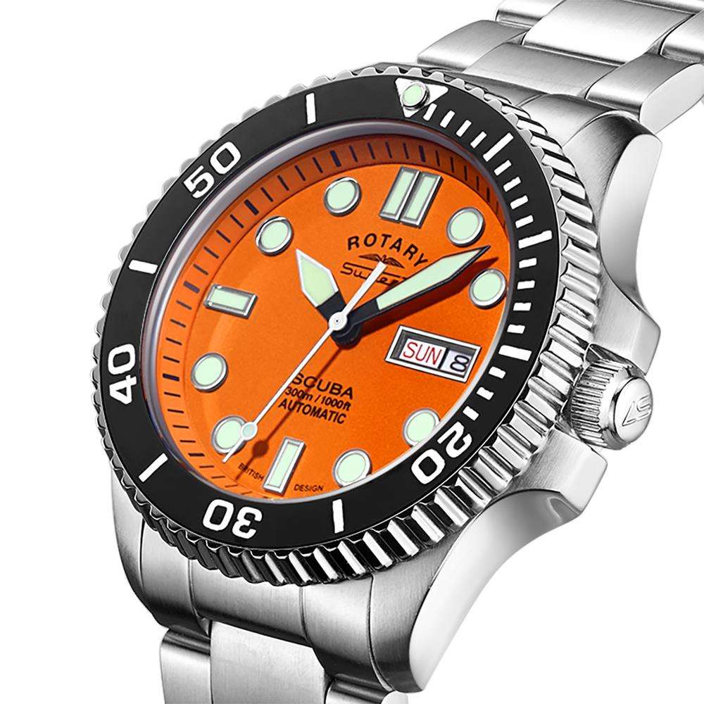 Men's dive watch close-up: orange dial with black bezel and stainless steel case
