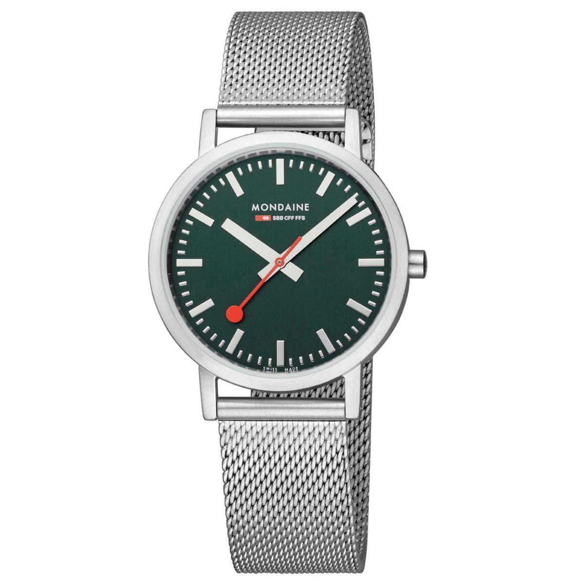 Round forest green dial mesh bracelet watch with silver-tone case and red second hand