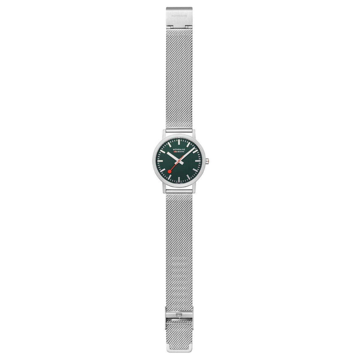 Forest green dial watch with silver mesh bracelet and slim crown, side view