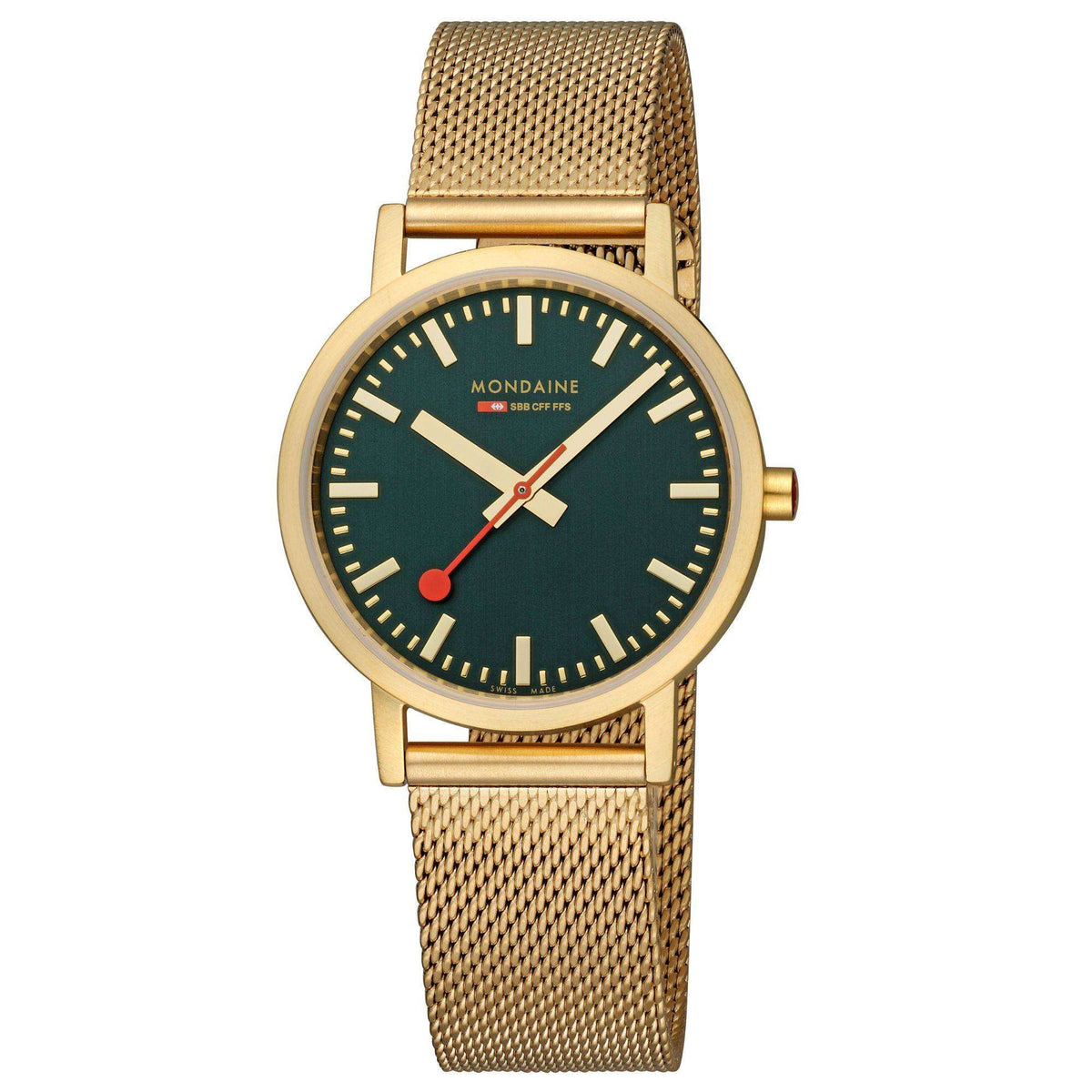 Mondaine Classic A660.30314.60SBM angled studio view highlighting green dial layout and IP gold mesh band