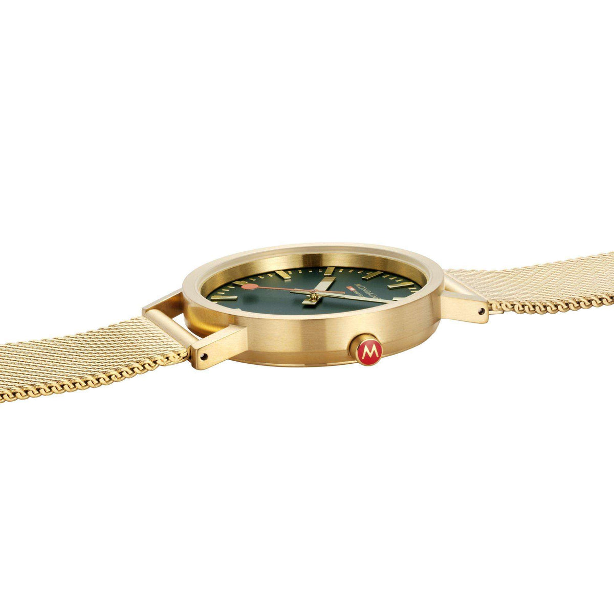 Mondaine Classic A660.30314.60SBM side profile displaying red crown accent and slim IP gold case