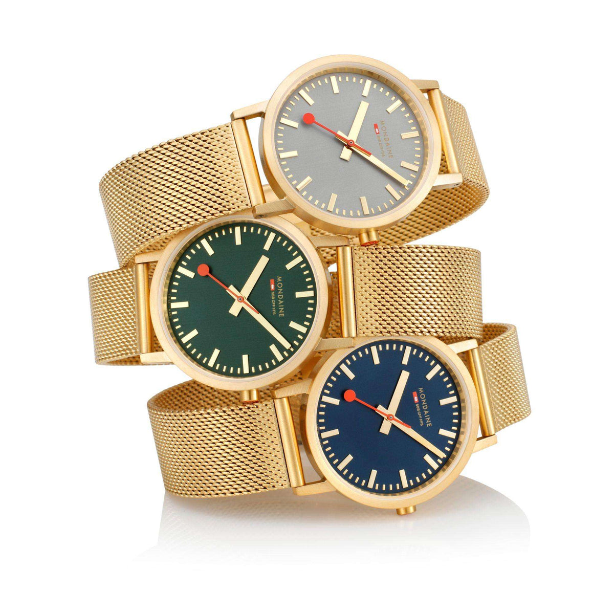 Mondaine Classic A660.30314.60SBM stacked group view displaying green dial alongside grey and blue models