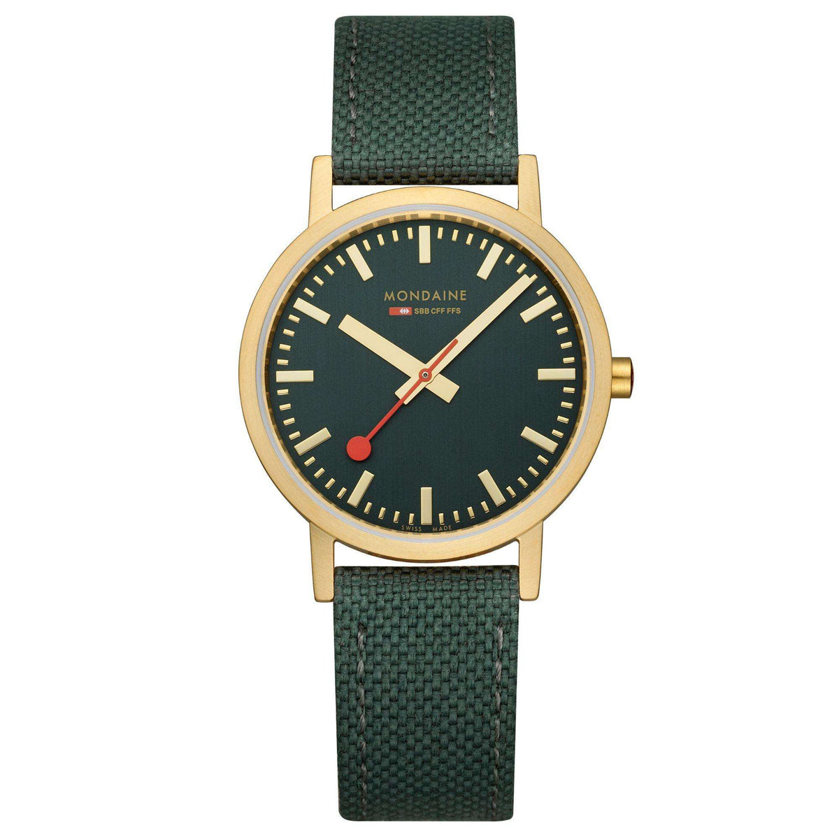 Forest green dial classic wrist watch with gold-tone case and dark green fabric strap