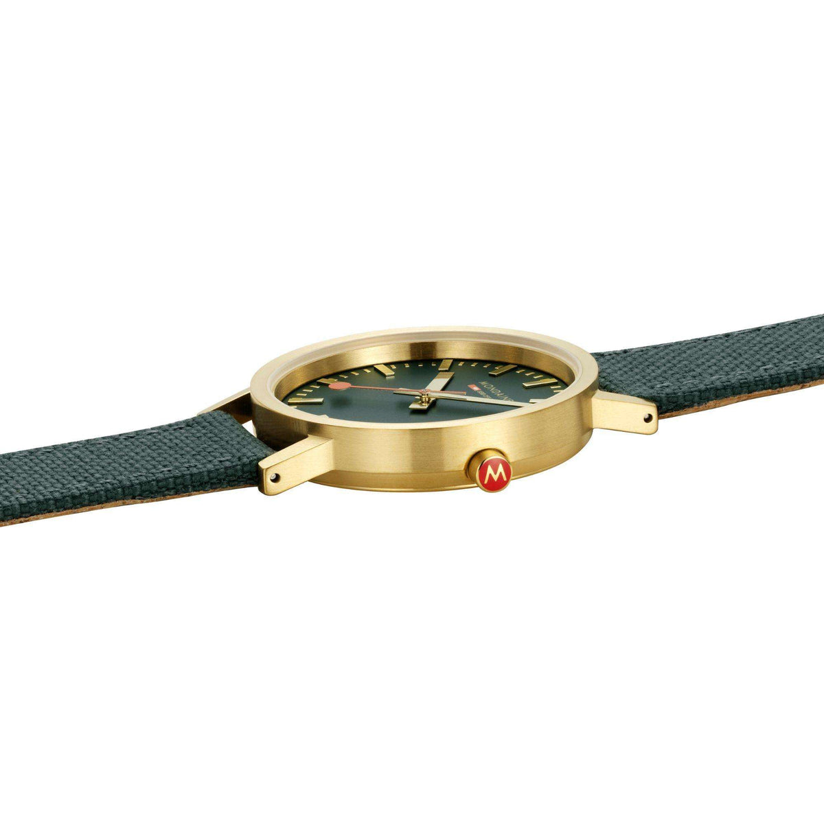 Gold-tone case and crown of forest green dial wrist watch with dark green fabric strap