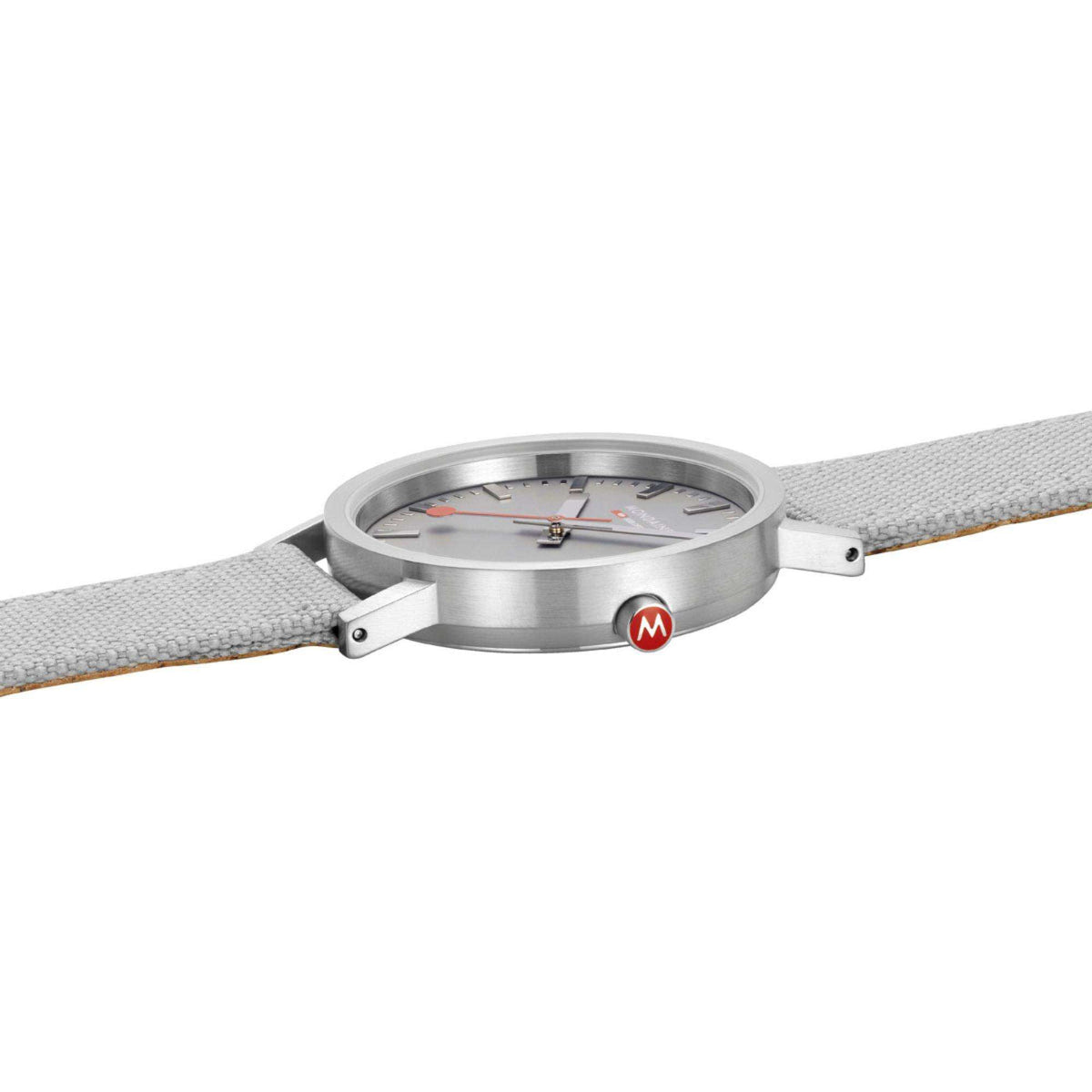 Mondaine Classic 36mm watch with gray textile strap, silver case and crown