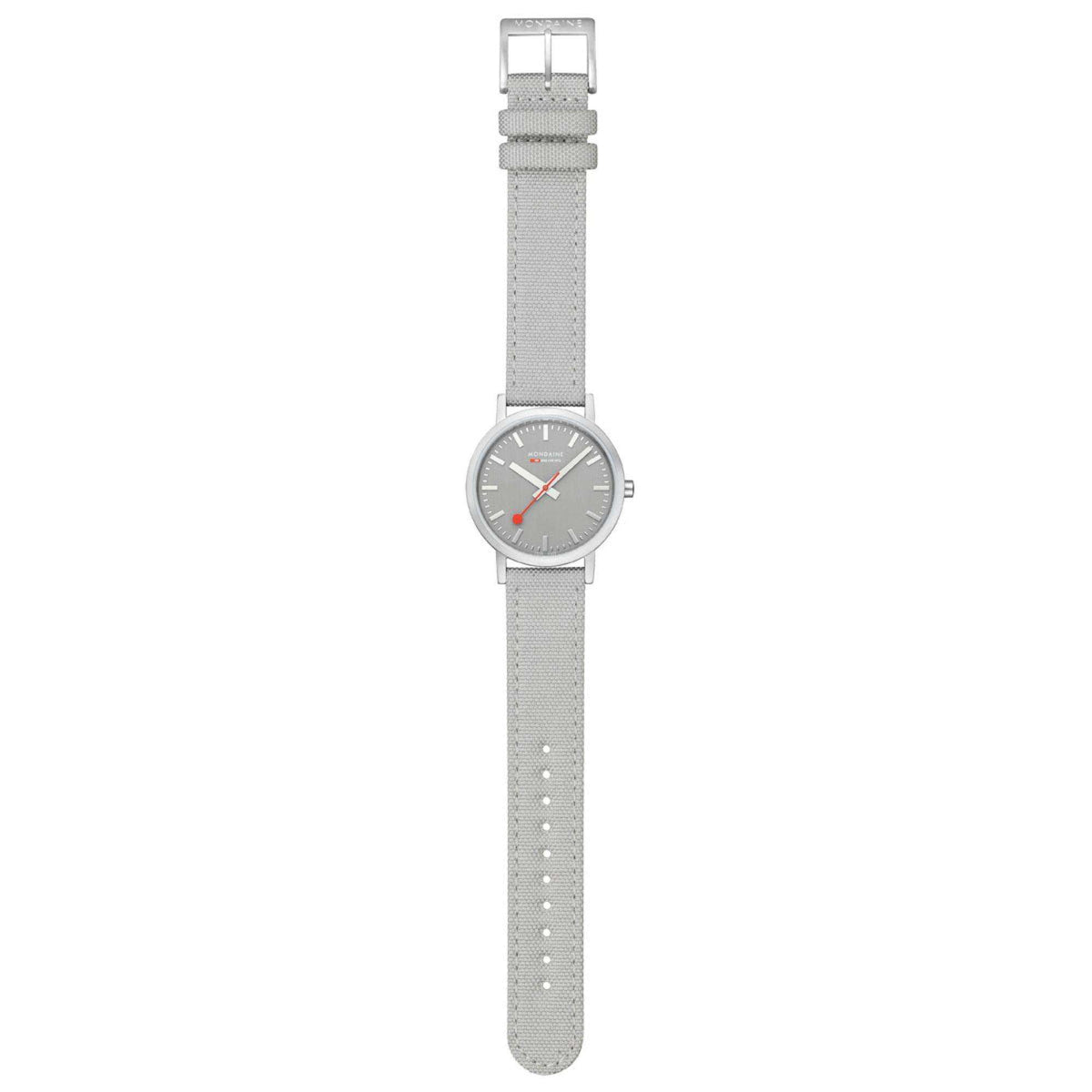 Mondaine Classic 36mm gray dial quartz watch with light gray textile strap