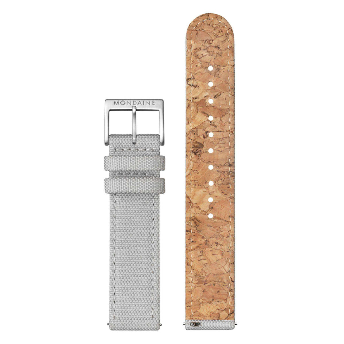Gray textile watch strap with brown underside lining detail
