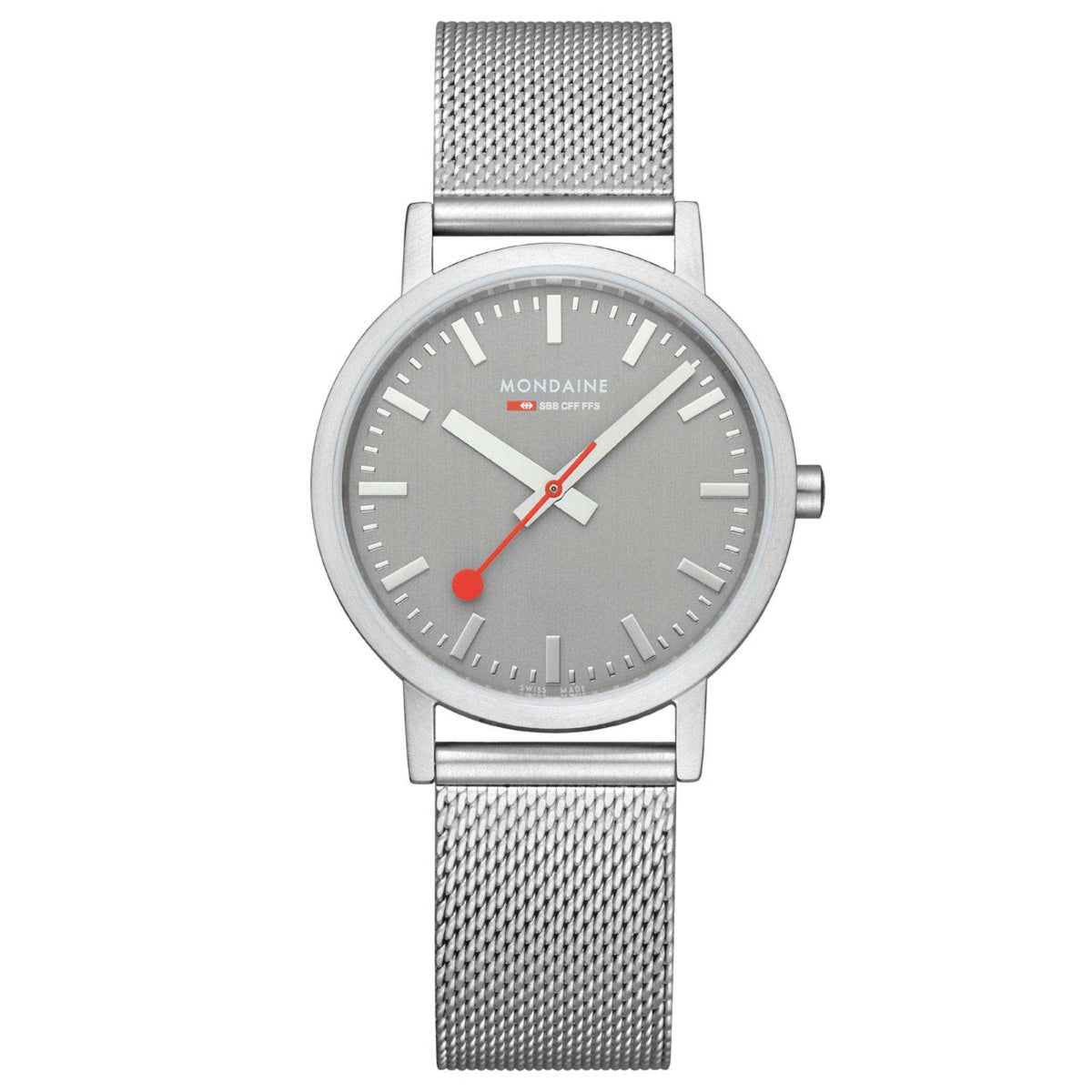 Gray dial stainless steel mesh bracelet watch with silver case and red seconds hand