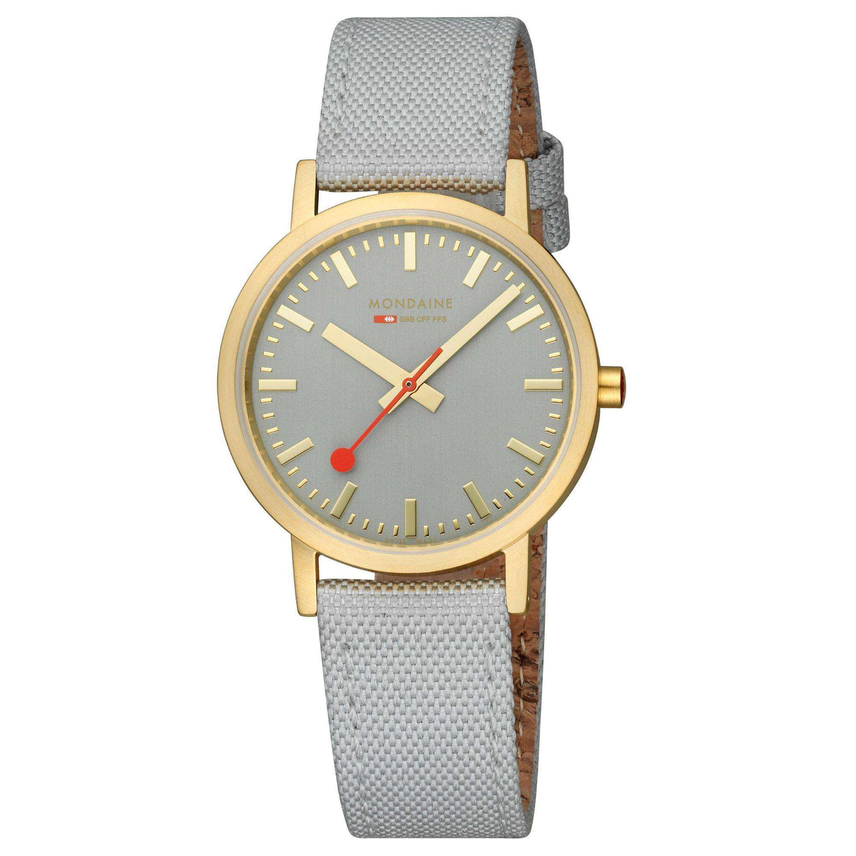 Mondaine quartz watch with gold case, gray dial, and light gray textile strap