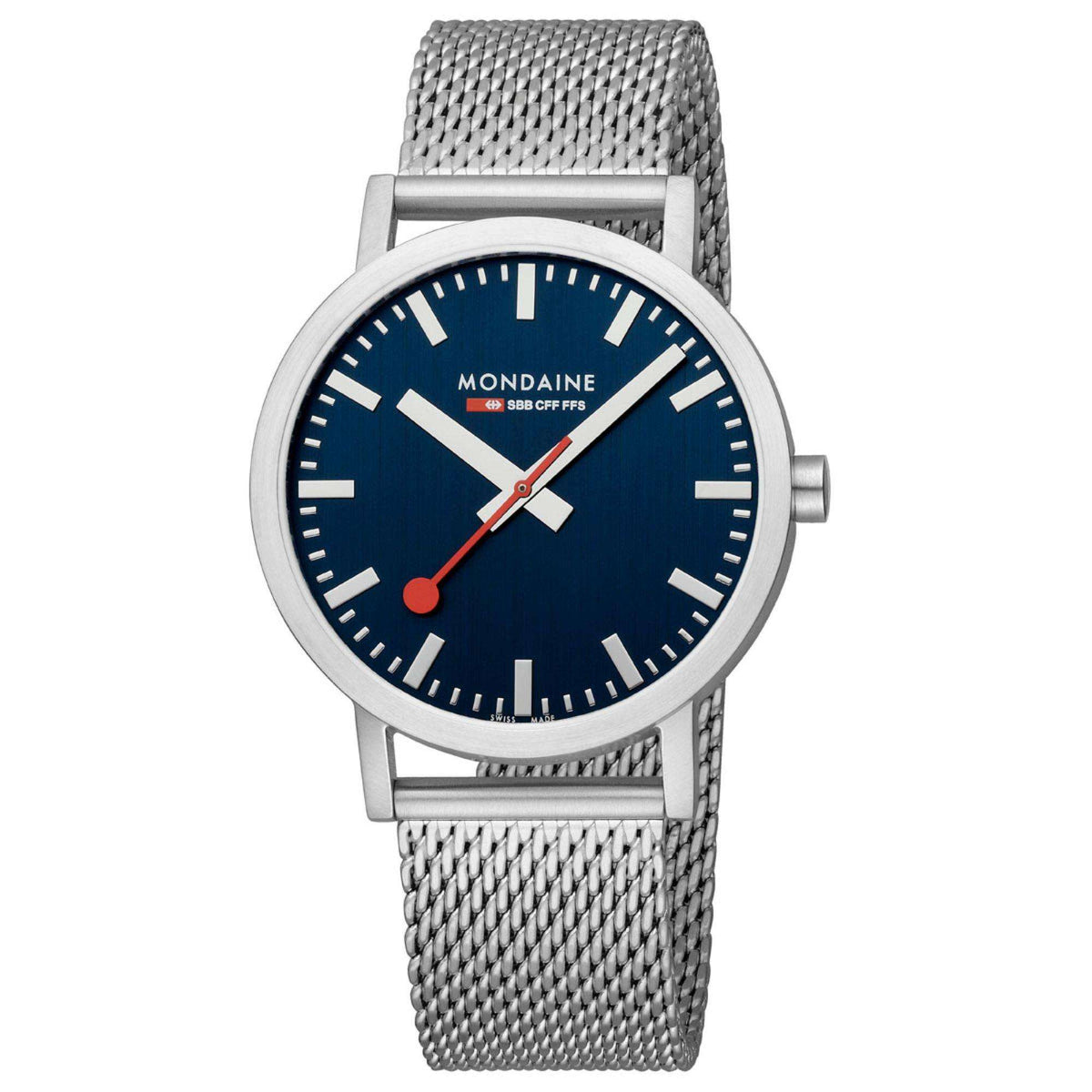 Mondaine steel mesh strap watch with blue dial, silver case, red accents and hands