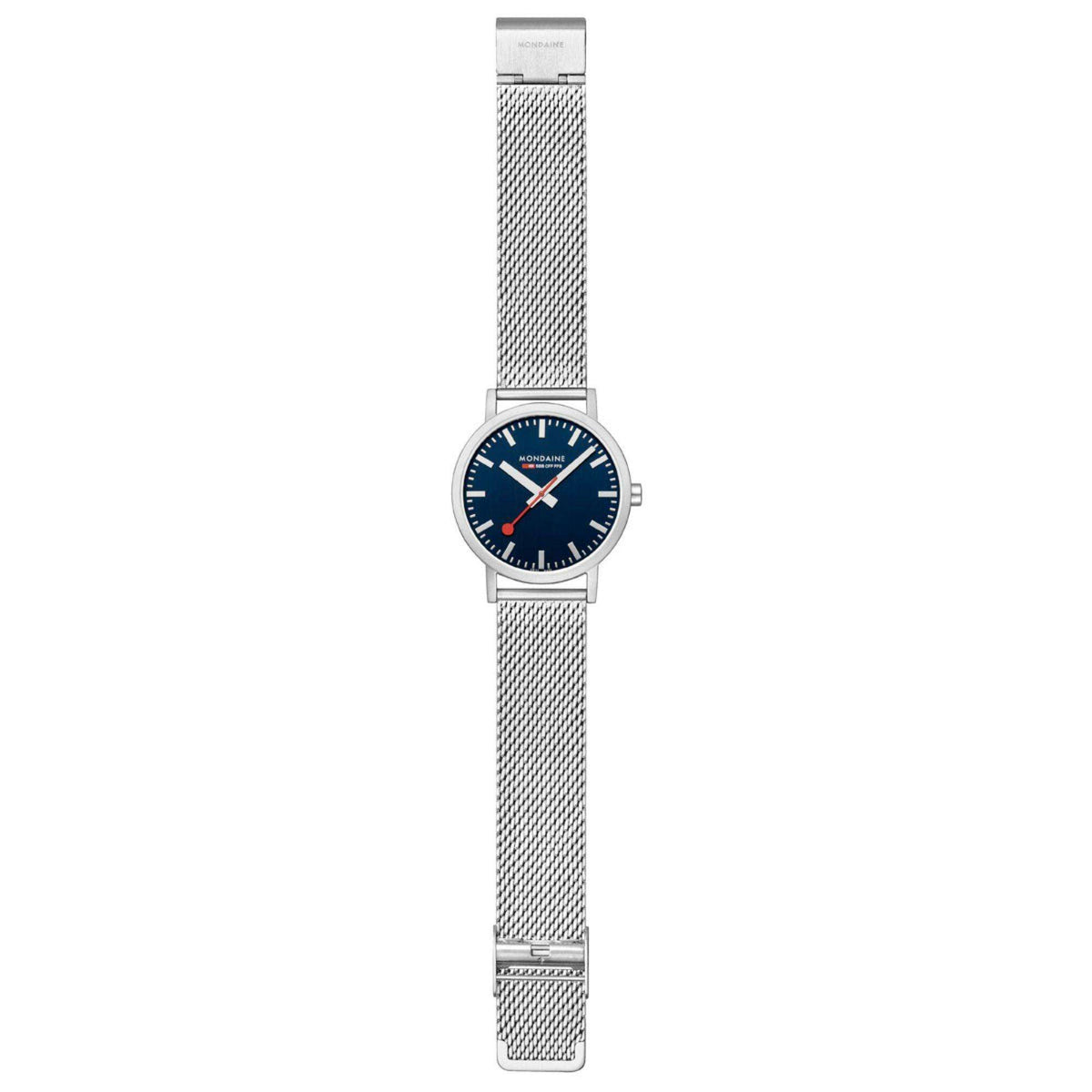 Mondaine blue dial watch on silver steel mesh bracelet, full view with crown