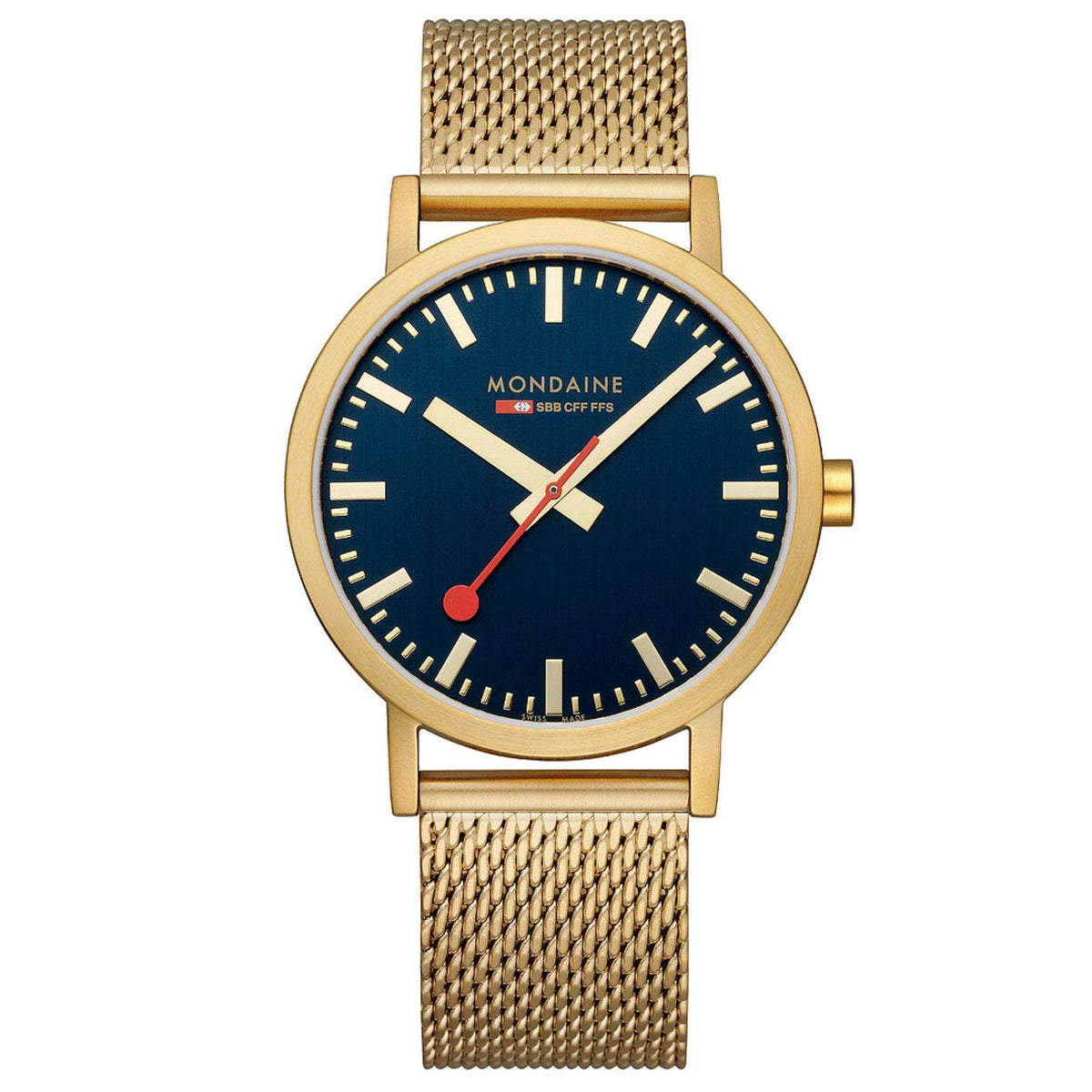 Mondaine Classic A660.30360.40SBM front view displaying blue dial with steel mesh bracelet and red second hand